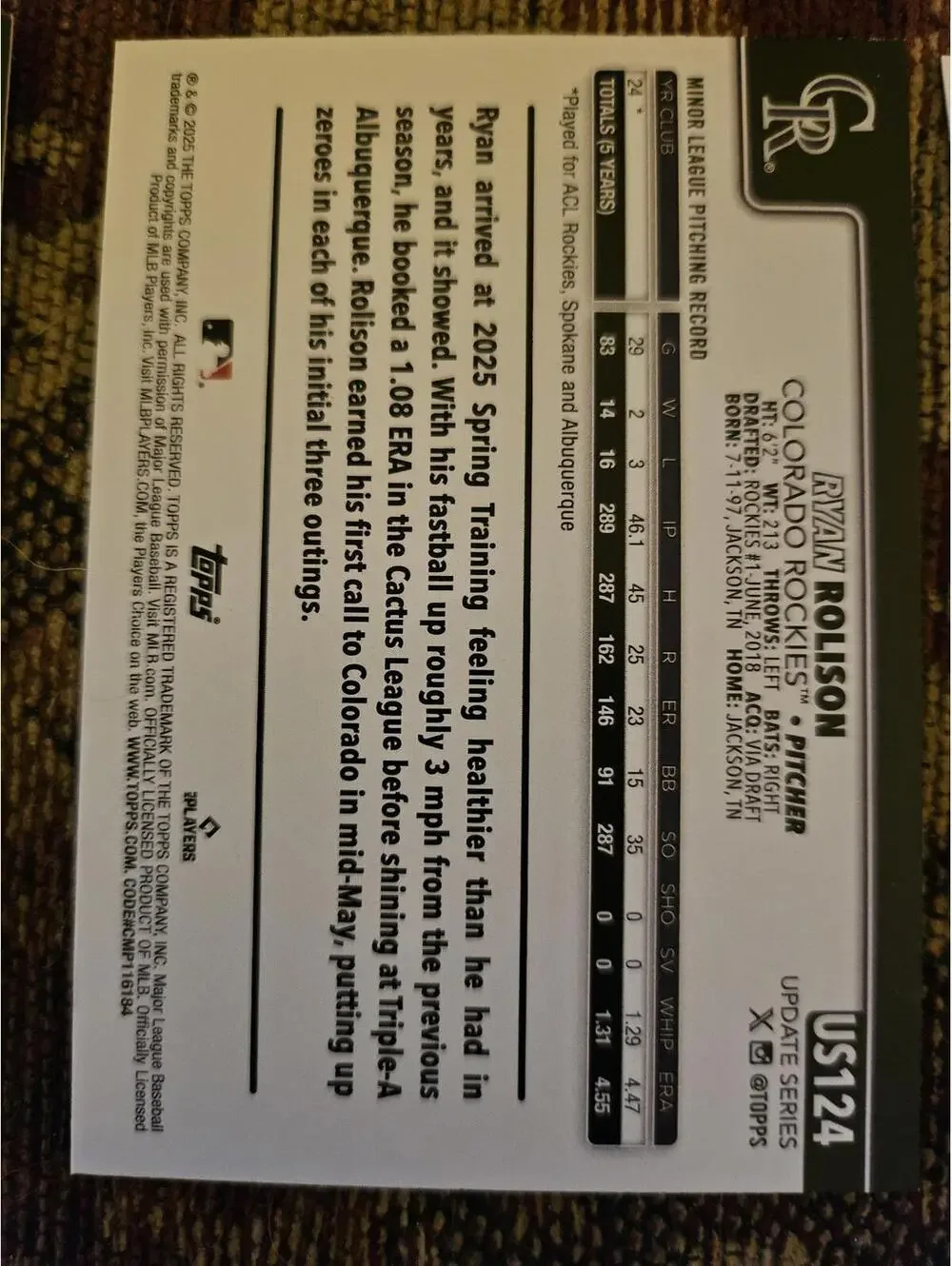 2025 Topps Update - Ryan Rolison - RC  #US124 - Rockies - RAW Mint - Rookie